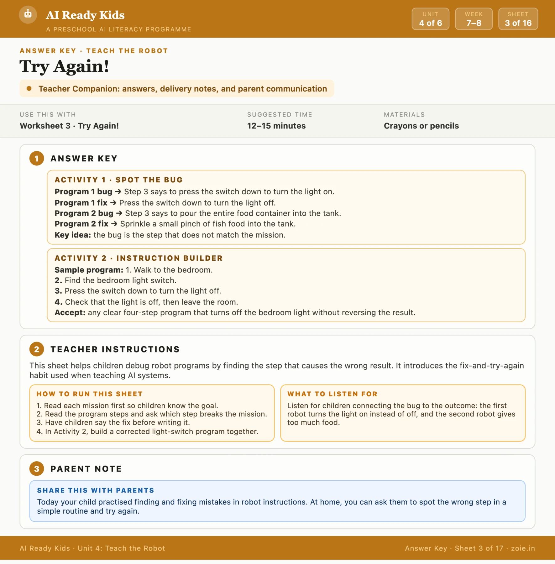 AI Ready Kids answer key and teacher guidance sample
